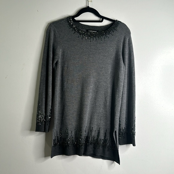 COLETTE MORDO gray wool sweater beaded edge hem size small - Picture 2 of 9